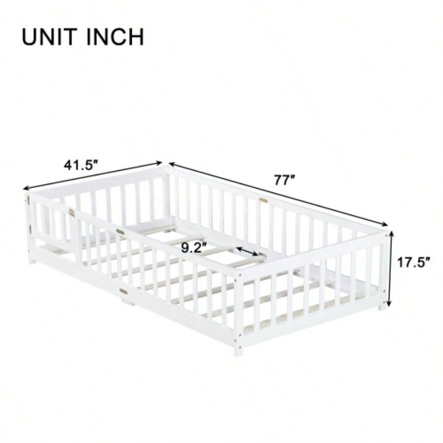 Twin Size Floor Bed with Fence and Door, Rubber Wood Floor Bed with Safety Guardrails, White