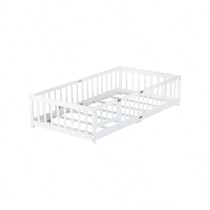 Twin Size Floor Bed with Fence and Door, Rubber Wood Floor Bed with Safety Guardrails, White