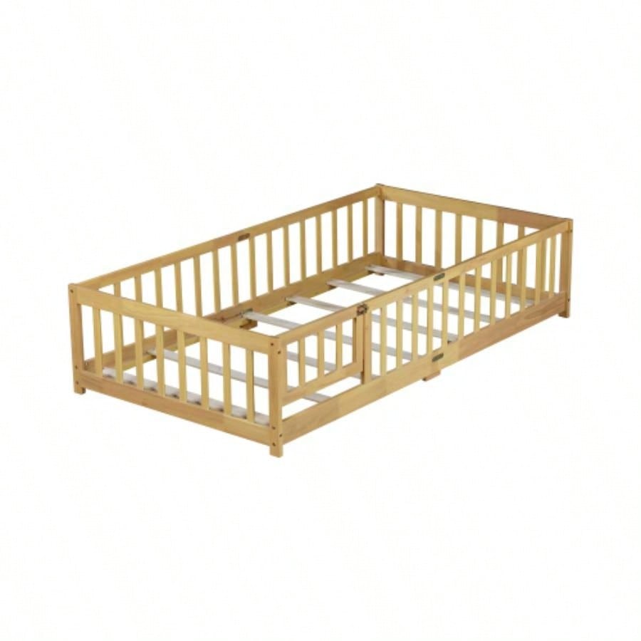 Twin Size Floor Bed with Fence and Door, Rubber Wood Floor Bed with Safety Guardrails, Natural