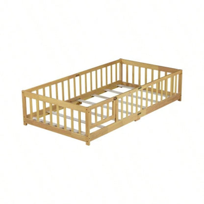 Twin Size Floor Bed with Fence and Door, Rubber Wood Floor Bed with Safety Guardrails, Natural