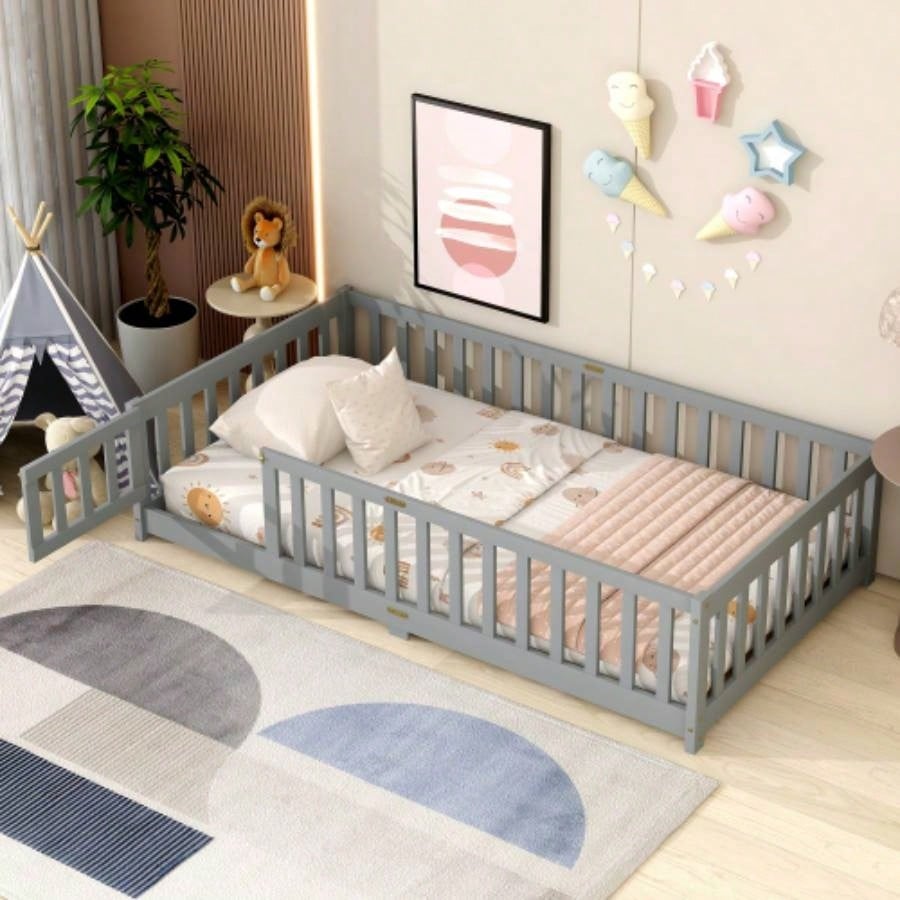 Twin Size Floor Bed with Fence and Door, Rubber Wood Floor Bed with Safety Guardrails, Natural