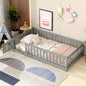Twin Size Floor Bed with Fence and Door, Rubber Wood Floor Bed with Safety Guardrails, Natural