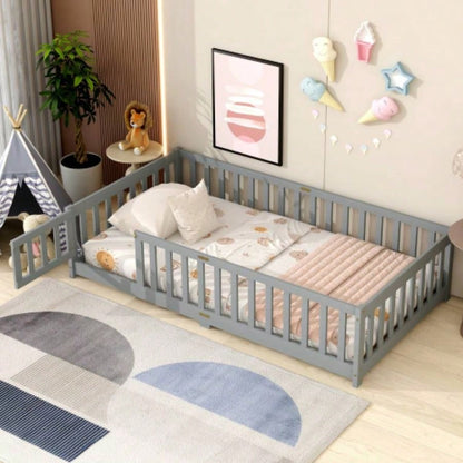 Twin Size Floor Bed with Fence and Door, Rubber Wood Floor Bed with Safety Guardrails, Natural