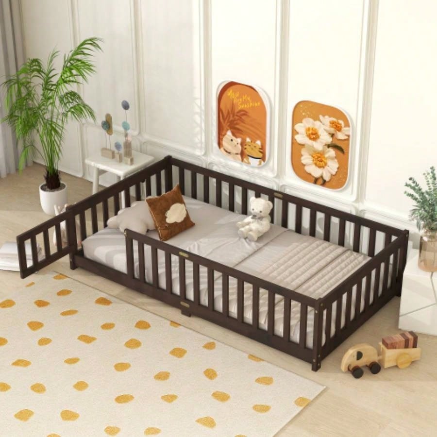 Twin Size Floor Bed with Fence and Door, Rubber Wood Floor Bed with Safety Guardrails, Natural