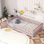 Twin Size Floor Bed with Fence and Door, Rubber Wood Floor Bed with Safety Guardrails, White