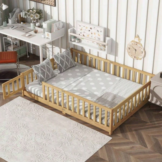Full Size Floor Bed with Fence and Door, Rubber Wood Floor Bed with Safety Guardrails, Natural