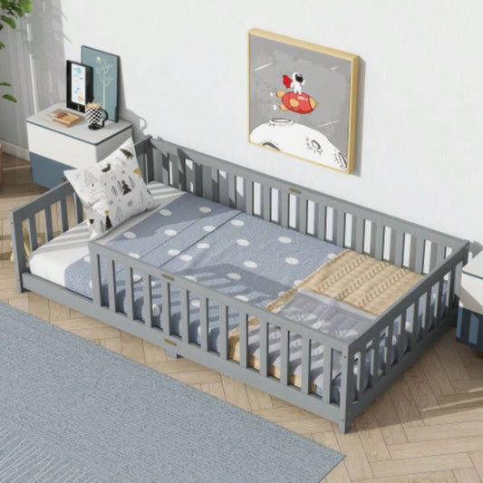 Twin Size Floor Bed with Fence without Door, Rubber Wood Floor Bed with Safety Guardrails,