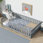 Twin Size Floor Bed with Fence without Door, Rubber Wood Floor Bed with Safety Guardrails,