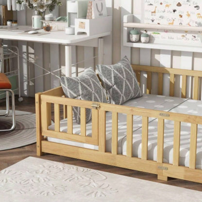 Full Size Floor Bed with Fence and Door, Rubber Wood Floor Bed with Safety Guardrails, Natural