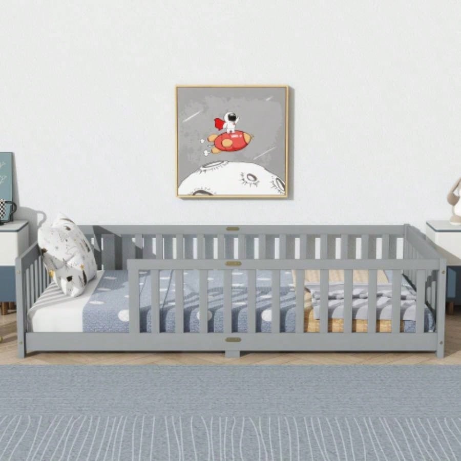 Twin Size Floor Bed with Fence without Door, Rubber Wood Floor Bed with Safety Guardrails,