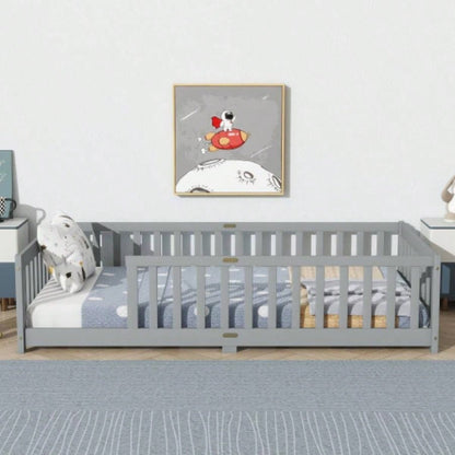 Twin Size Floor Bed with Fence without Door, Rubber Wood Floor Bed with Safety Guardrails,