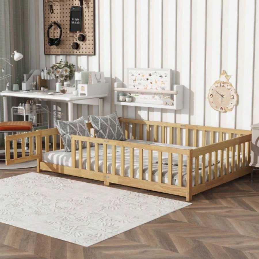 Full Size Floor Bed with Fence and Door, Rubber Wood Floor Bed with Safety Guardrails, Natural