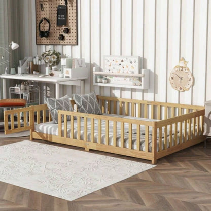 Full Size Floor Bed with Fence and Door, Rubber Wood Floor Bed with Safety Guardrails, Natural