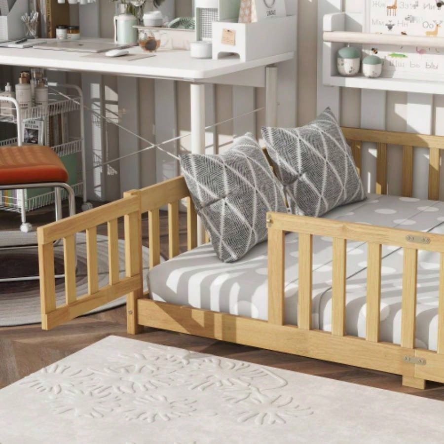 Full Size Floor Bed with Fence and Door, Rubber Wood Floor Bed with Safety Guardrails, Natural
