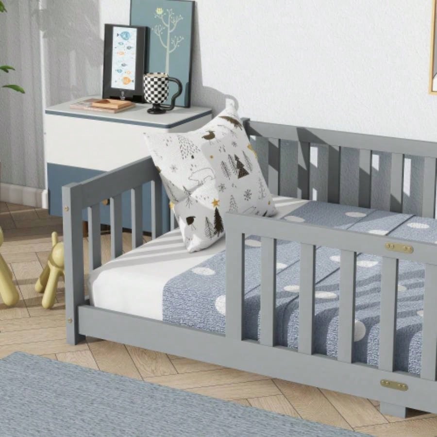 Twin Size Floor Bed with Fence without Door, Rubber Wood Floor Bed with Safety Guardrails,