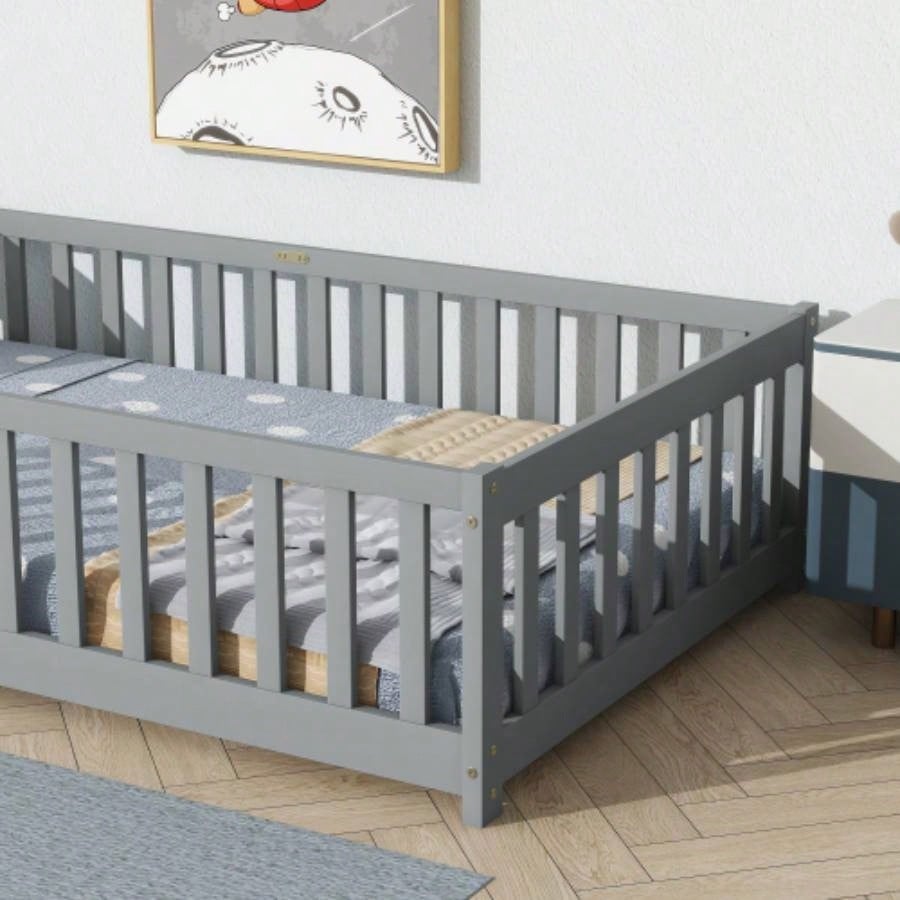 Twin Size Floor Bed with Fence without Door, Rubber Wood Floor Bed with Safety Guardrails,