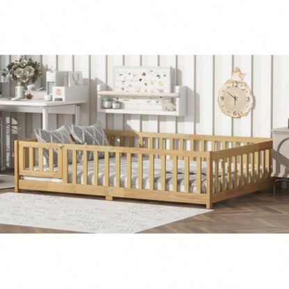 Full Size Floor Bed with Fence and Door, Rubber Wood Floor Bed with Safety Guardrails, Natural