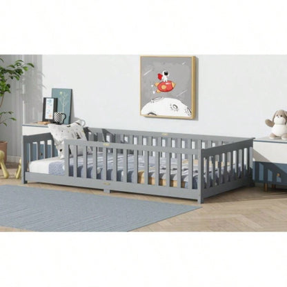 Twin Size Floor Bed with Fence without Door, Rubber Wood Floor Bed with Safety Guardrails,