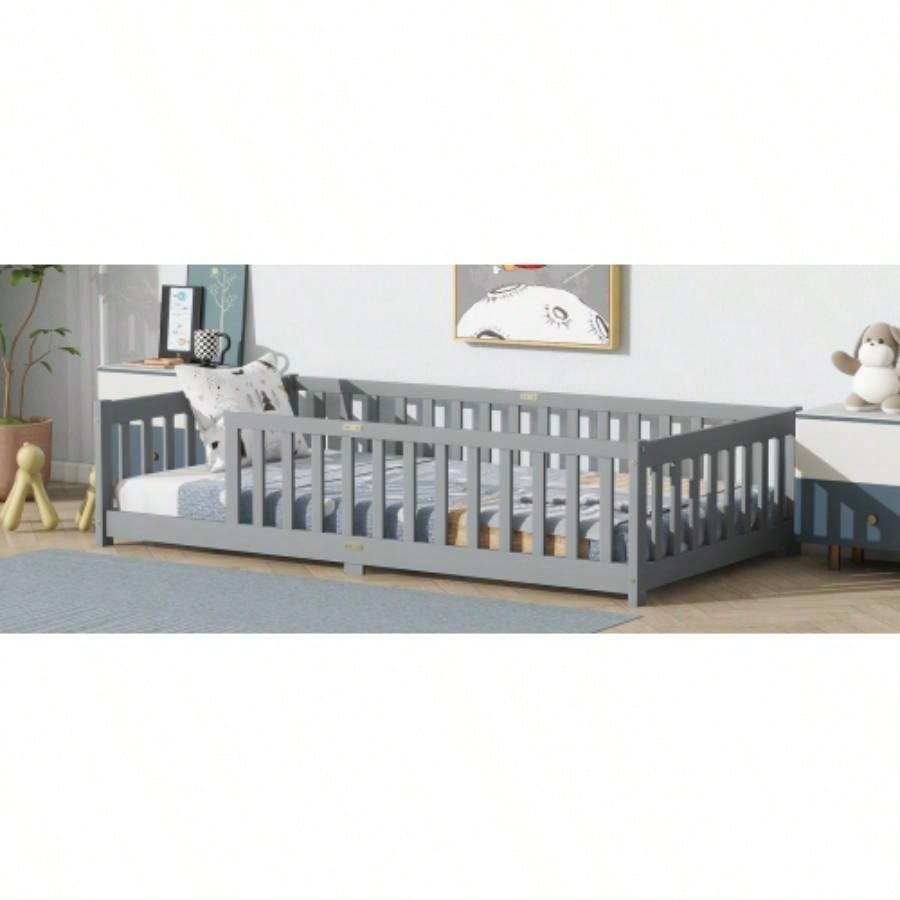 Twin Size Floor Bed with Fence without Door, Rubber Wood Floor Bed with Safety Guardrails,