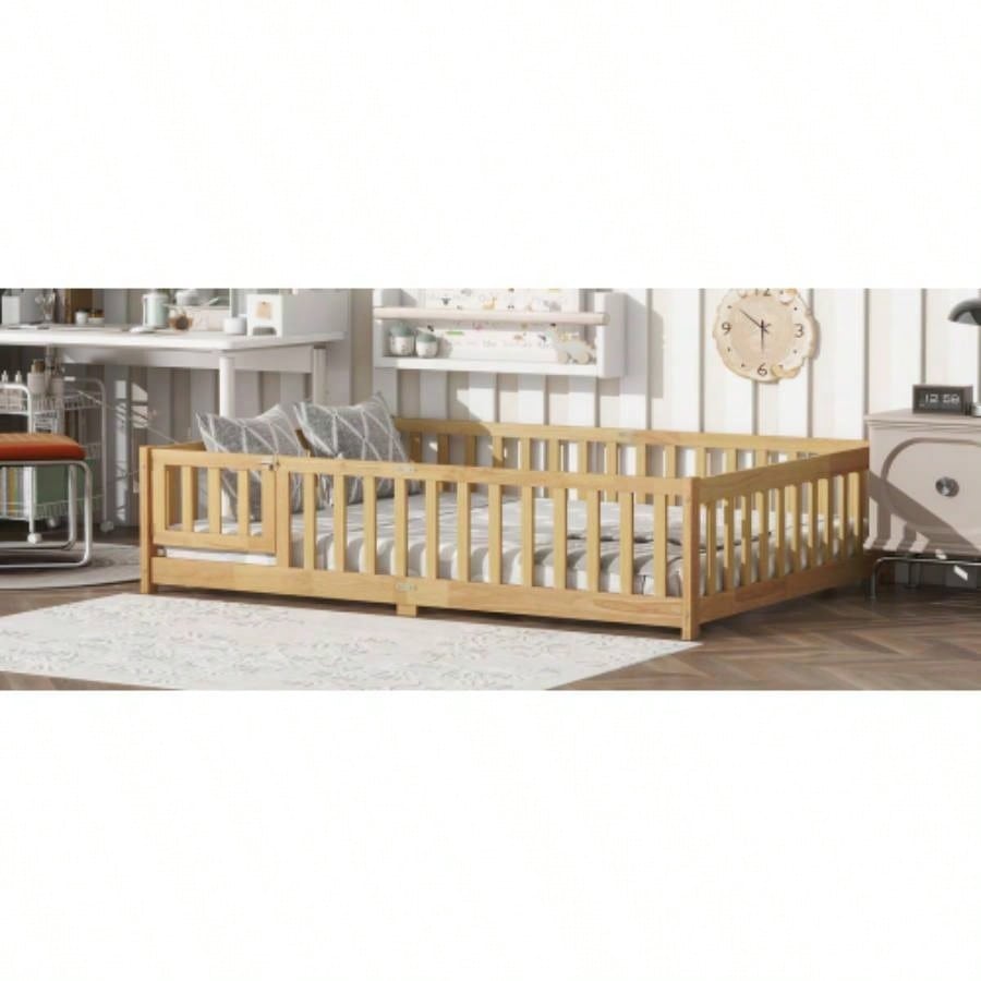 Full Size Floor Bed with Fence and Door, Rubber Wood Floor Bed with Safety Guardrails, Natural