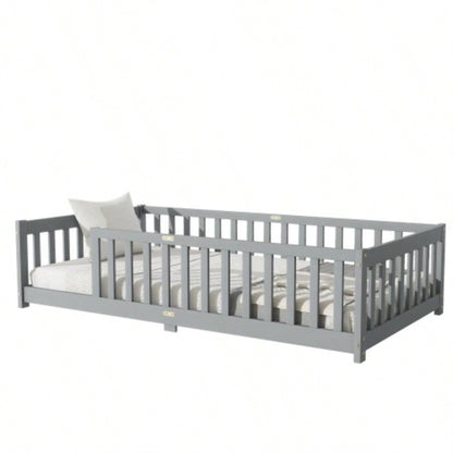 Twin Size Floor Bed with Fence without Door, Rubber Wood Floor Bed with Safety Guardrails,