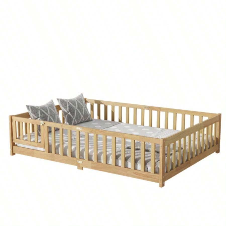 Full Size Floor Bed with Fence and Door, Rubber Wood Floor Bed with Safety Guardrails, Natural