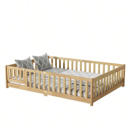 Full Size Floor Bed with Fence and Door, Rubber Wood Floor Bed with Safety Guardrails, Natural