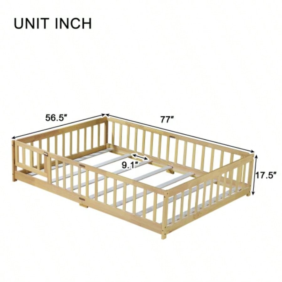 Full Size Floor Bed with Fence and Door, Rubber Wood Floor Bed with Safety Guardrails, Natural