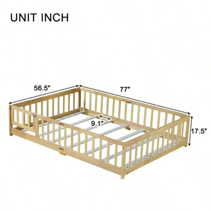 Full Size Floor Bed with Fence and Door, Rubber Wood Floor Bed with Safety Guardrails, Natural