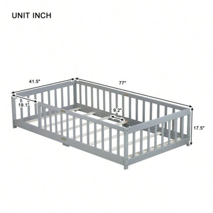 Twin Size Floor Bed with Fence without Door, Rubber Wood Floor Bed with Safety Guardrails,