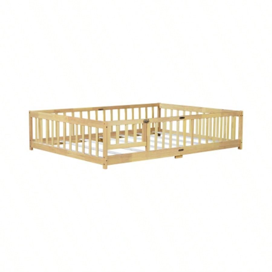 Full Size Floor Bed with Fence and Door, Rubber Wood Floor Bed with Safety Guardrails, Natural