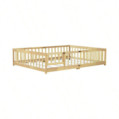 Full Size Floor Bed with Fence and Door, Rubber Wood Floor Bed with Safety Guardrails, Natural
