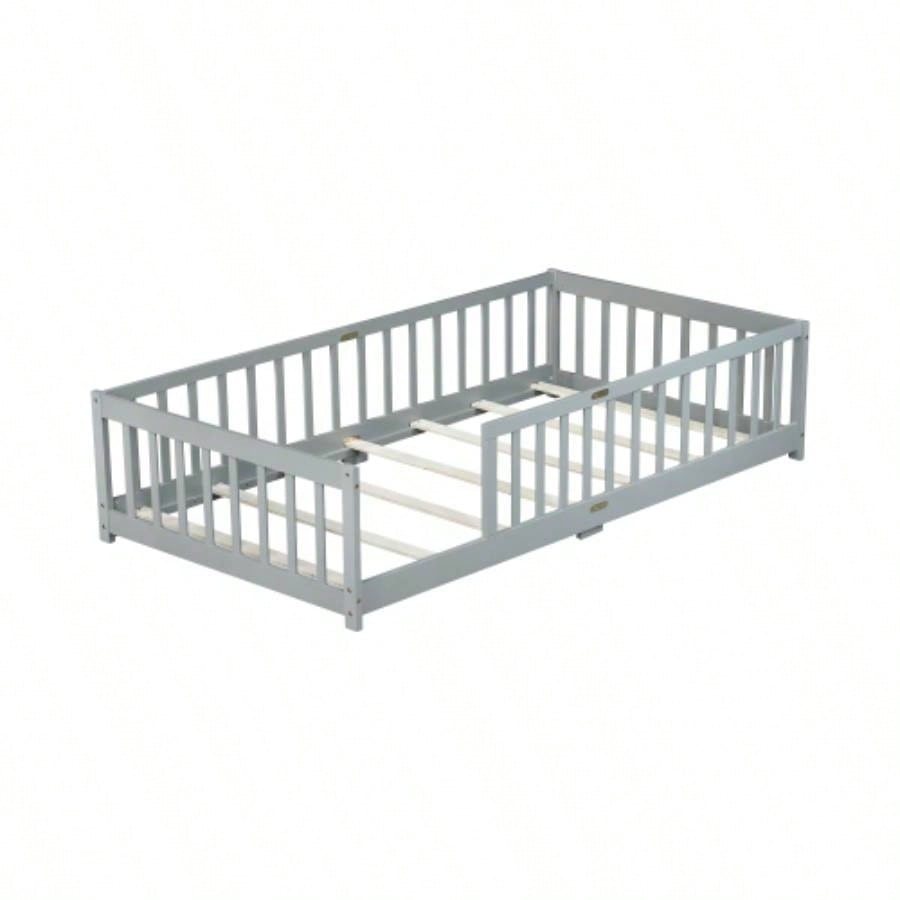 Twin Size Floor Bed with Fence without Door, Rubber Wood Floor Bed with Safety Guardrails,