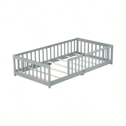Twin Size Floor Bed with Fence without Door, Rubber Wood Floor Bed with Safety Guardrails,