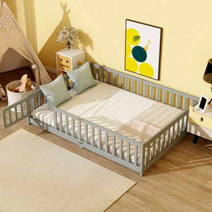 Full Size Floor Bed with Fence and Door, Rubber Wood Floor Bed with Safety Guardrails, Natural