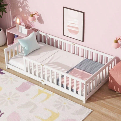 Twin Size Floor Bed with Fence without Door, Rubber Wood Floor Bed with Safety Guardrails,