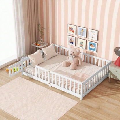 Full Size Floor Bed with Fence and Door, Rubber Wood Floor Bed with Safety Guardrails, Natural