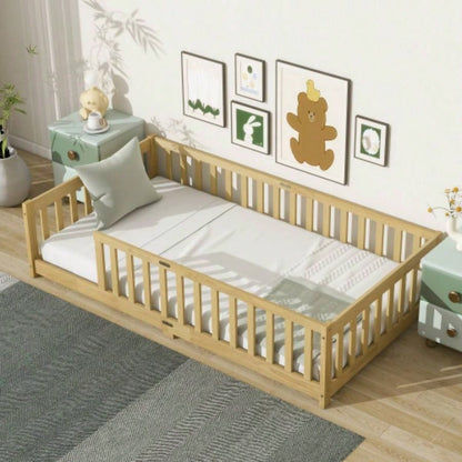 Twin Size Floor Bed with Fence without Door, Rubber Wood Floor Bed with Safety Guardrails,