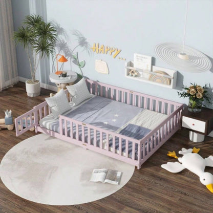 Full Size Floor Bed with Fence and Door, Rubber Wood Floor Bed with Safety Guardrails, Natural