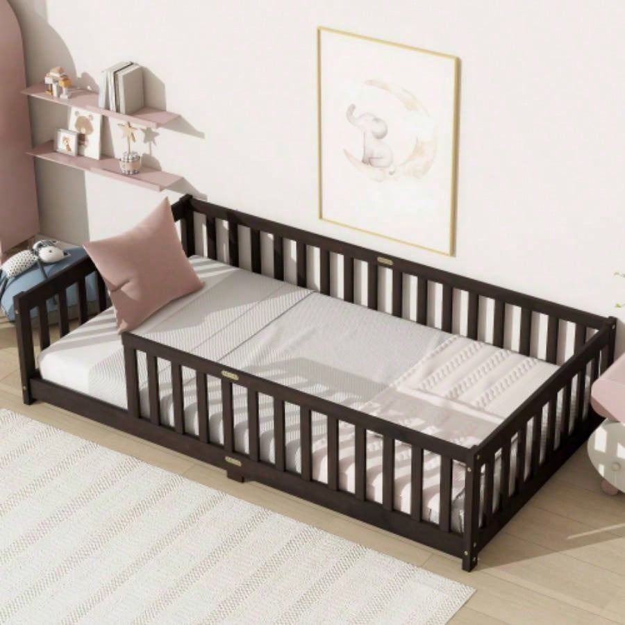 Twin Size Floor Bed with Fence without Door, Rubber Wood Floor Bed with Safety Guardrails,