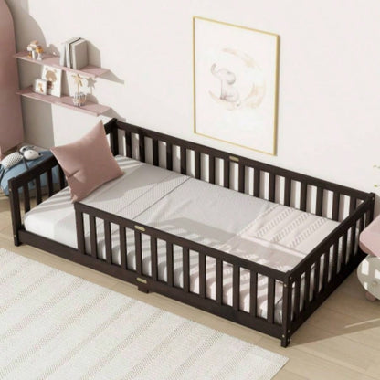 Twin Size Floor Bed with Fence without Door, Rubber Wood Floor Bed with Safety Guardrails,