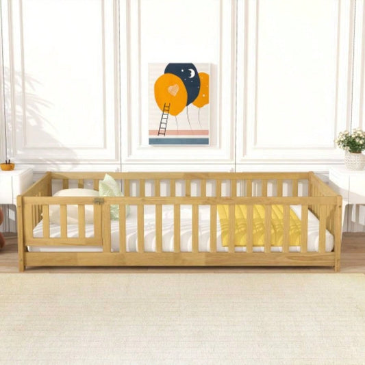 Twin Size Floor Bed with Fence and Door, Rubber Wood Floor Bed with Safety Guardrails, Natural