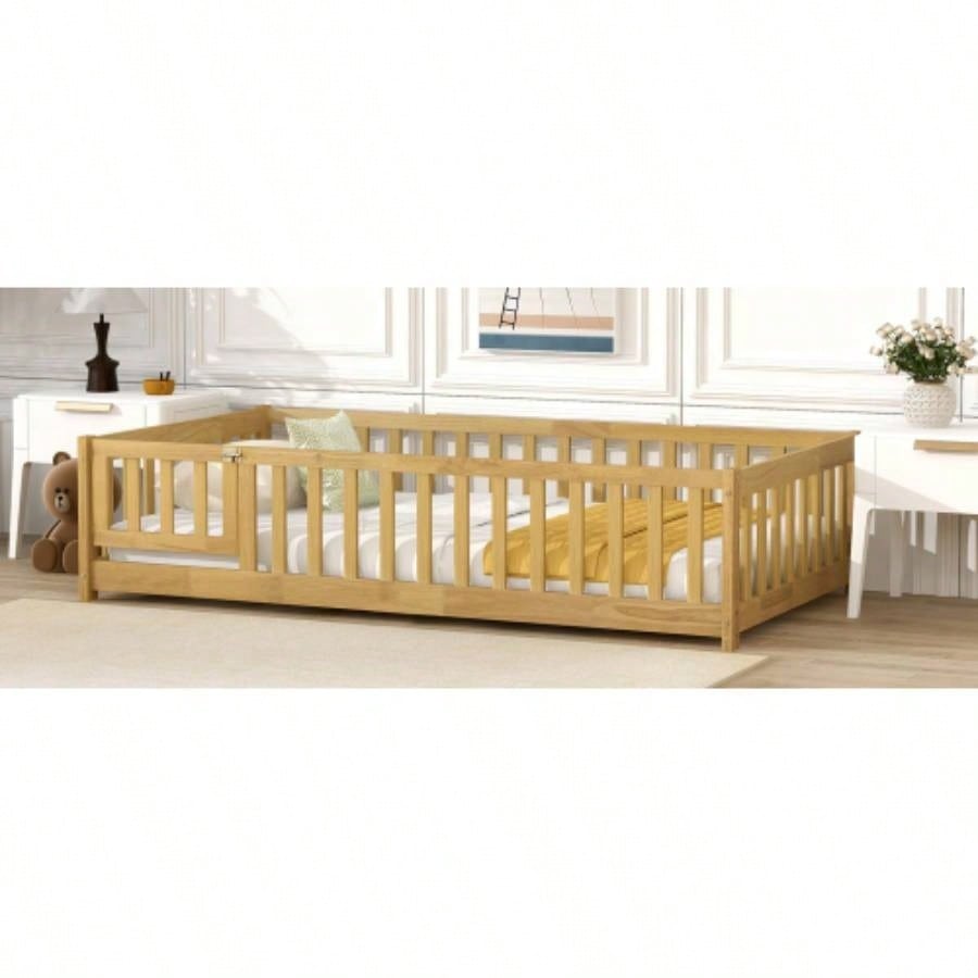 Twin Size Floor Bed with Fence and Door, Rubber Wood Floor Bed with Safety Guardrails, Natural