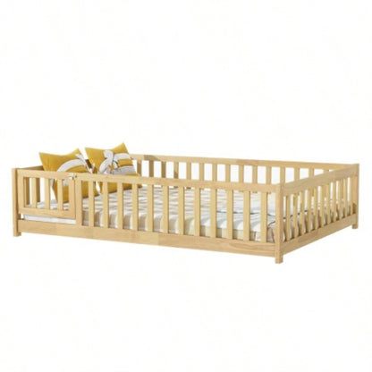 Twin Size Floor Bed with Fence and Door, Rubber Wood Floor Bed with Safety Guardrails, Natural