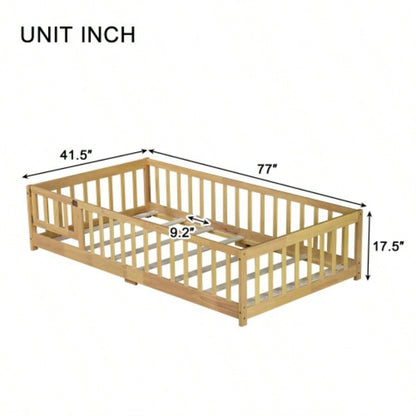 Twin Size Floor Bed with Fence and Door, Rubber Wood Floor Bed with Safety Guardrails, Natural