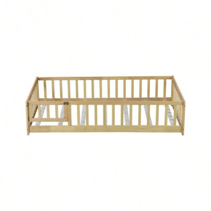 Twin Size Floor Bed with Fence and Door, Rubber Wood Floor Bed with Safety Guardrails, Natural