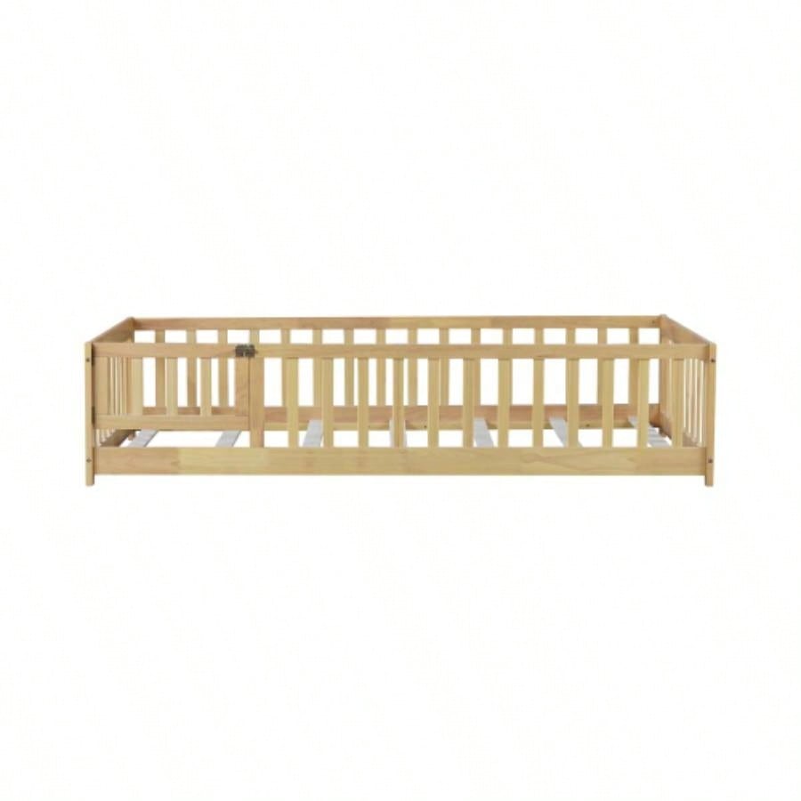 Twin Size Floor Bed with Fence and Door, Rubber Wood Floor Bed with Safety Guardrails, Natural