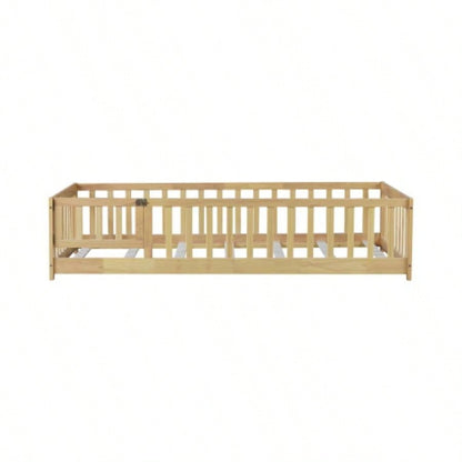 Twin Size Floor Bed with Fence and Door, Rubber Wood Floor Bed with Safety Guardrails, Natural
