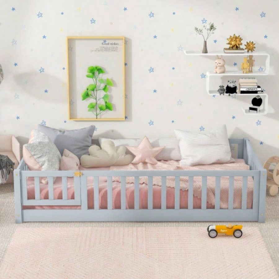 Twin Size Floor Bed with Fence and Door, Rubber Wood Floor Bed with Safety Guardrails, Natural