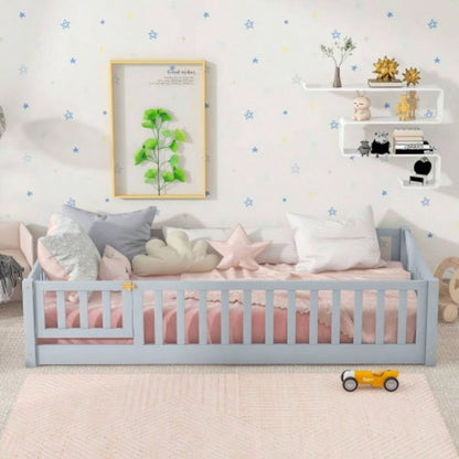Twin Size Floor Bed with Fence and Door, Rubber Wood Floor Bed with Safety Guardrails, Natural